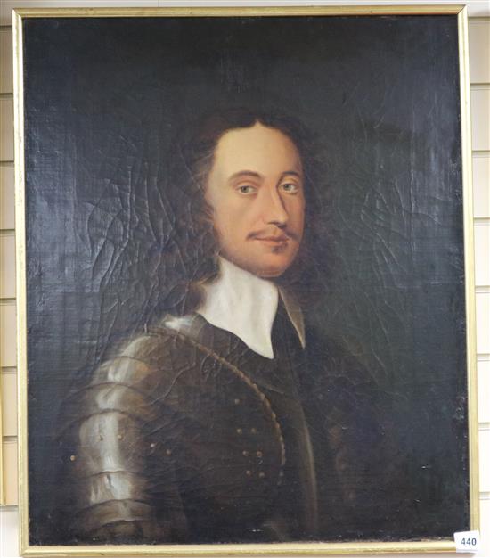 19th century English School, oil on canvas, Portrait of a 17th century gentleman wearing armour, 76 x 63cm